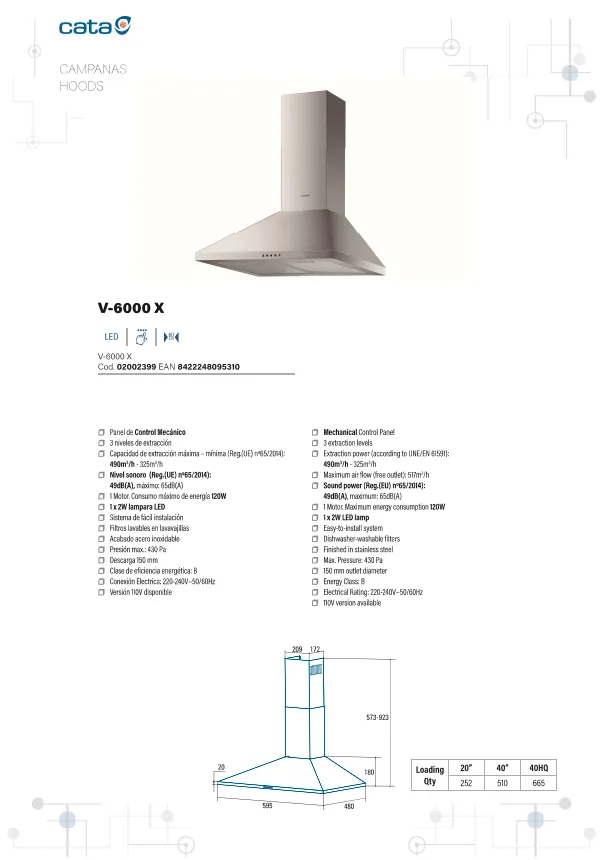 CAMPANA COCINA DECORATIVA PIRAMIDAL 60 CM ACABADO INOX V-6000 X CATA - Imagen 3