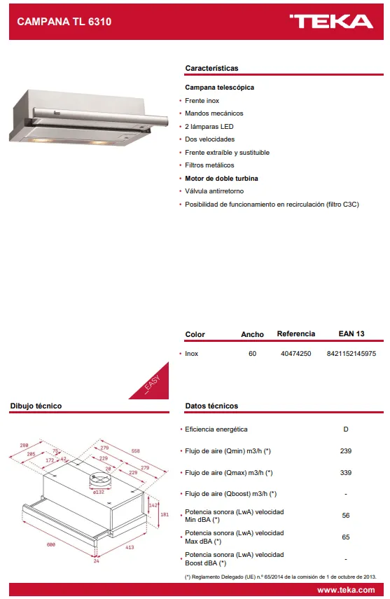 CAMPANA COCINA TELESCOPICA 60 CM ACABADO INOX TL6310 TEKA - Imagen 2