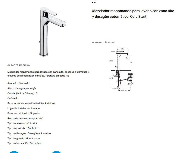 GRIFO DE LAVABO MONOMANDO CAÑO ALTO L20 - Imagen 2
