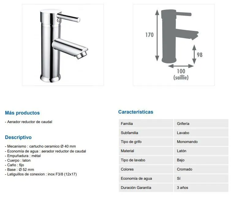 GRIFO DE LAVABO MONOMANDO TUBULAR - Imagen 2