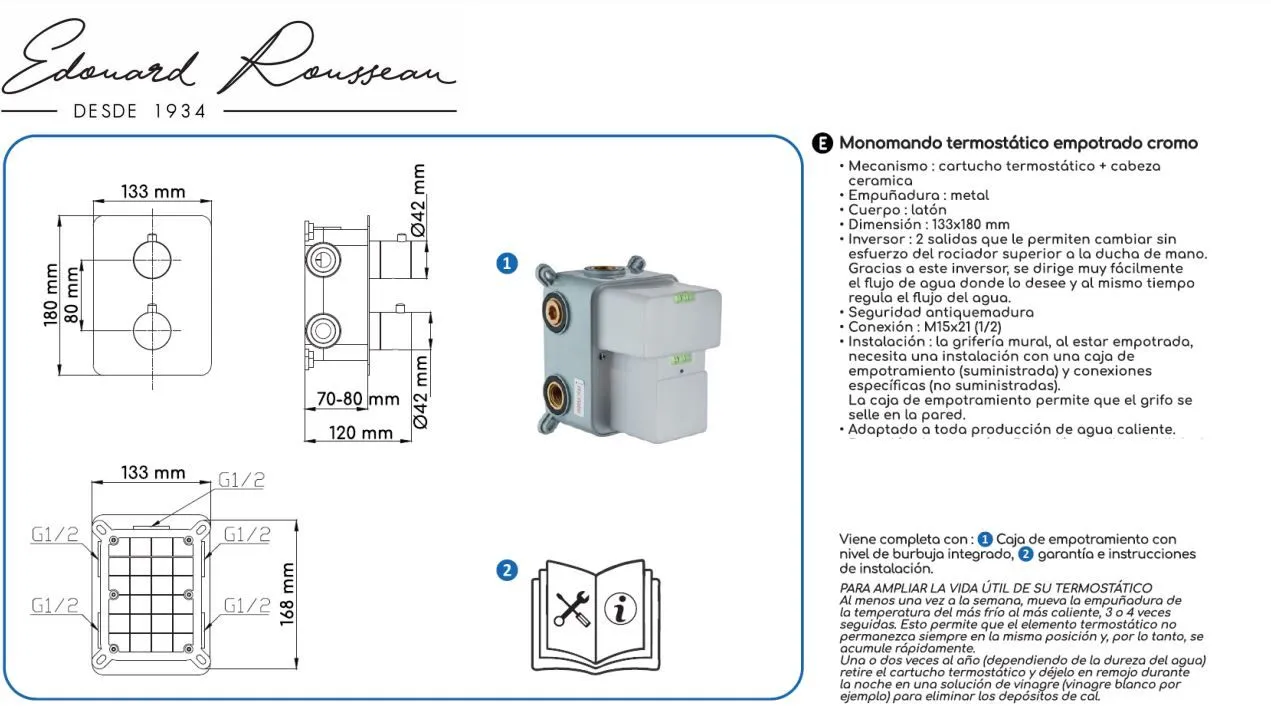 GRIFO DE DUCHA TERMOSTATICA EMPOTRADA RAMON SOLER CUADRADO - Imagen 2