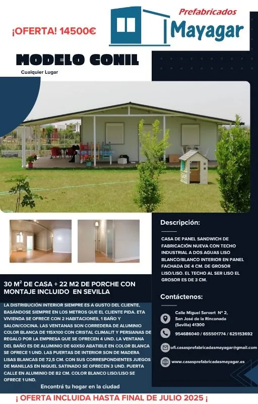¡OFERTA MODELO CONIL EN 30 M2 + 22 M2 PORCHE CON MONTAJE EN SEVILLA!